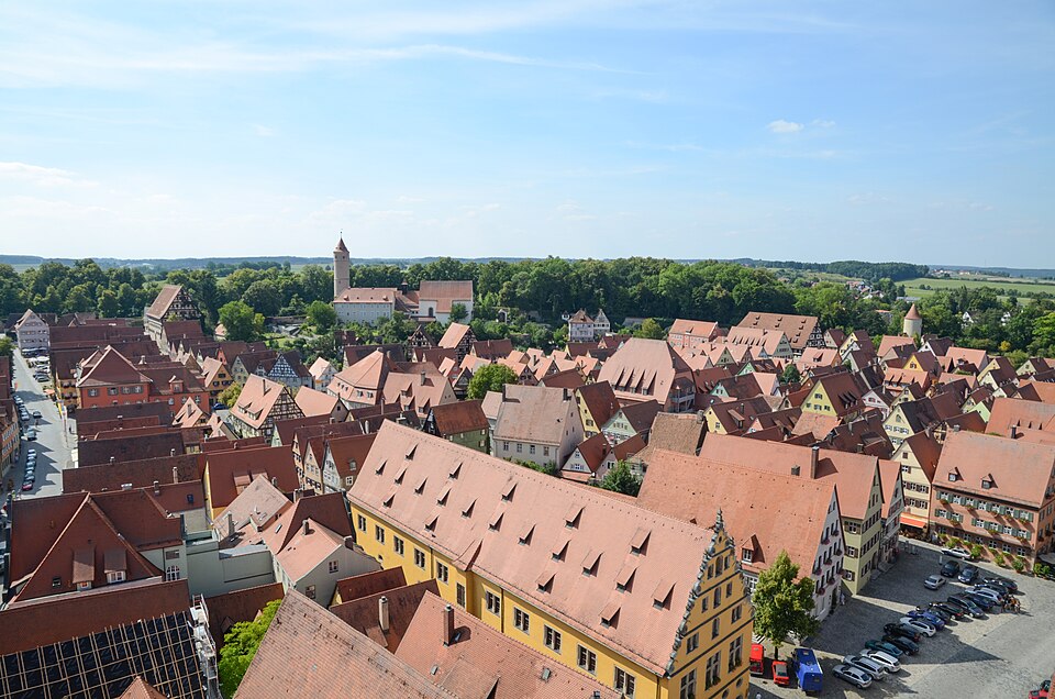 A street of colourful gabled houses in the walled old town of Dinkelsbühl.